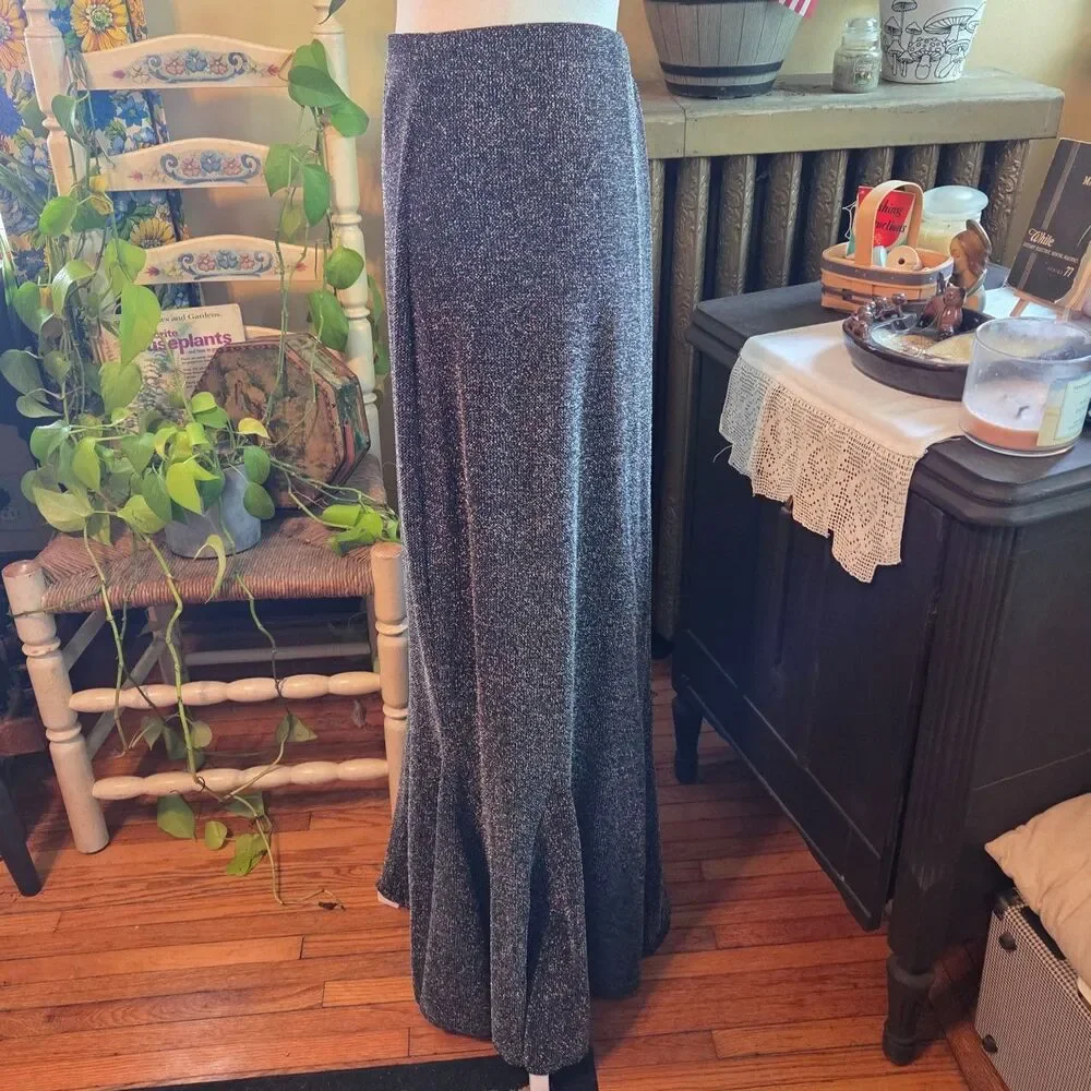 Vintage 90s Newport News Metallic Silver Mermaid Skirt Maxi Length Easy Style XL